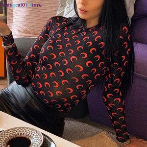 wangcai01 kvinnors t-shirt 2023 Spring Women's Designer Moon Print T Shirt Lady Round Neck Long Seves Ice Silk Top Women Underwear Clothing One-Piece 0318H23