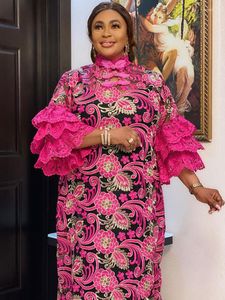 エスニック服アフリカンイブニングドレス女性のための夕食エレガントな花刺繍レースセクシーなバジンロングパーティーガウンハーフフレア
