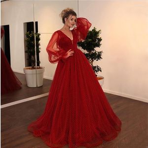 Party Dresses Gorgeous Red Evening Long Puffy Sleeve Dot Tulle Dress 2023 Women Vestido De Fiesta