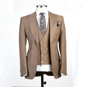 Ternos masculinos Blazers Designs elegantes 2023 Brown Business Business Mens 3 Peças Botões de ouro Men traje de terno para o noivo Tuxedos