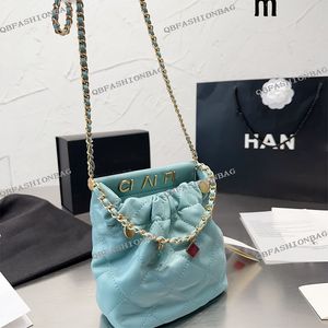 23P Women Trendy Drawstring Shopping Bag Lambskin Leather with Coin Charm Gold Letter Metal Hardware 5 Colors Matelasse Chain Versatile Designer Tote Wallet 16cm