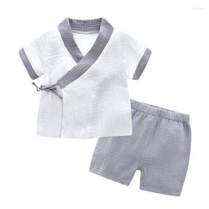 Roupas conjuntos de roupas de bebê traje de bebê 3 6 12 24 36 meses de gaze quimono de mangas curtas de menina curta Hanfu Pijamas Meninos e meninas Conjunto