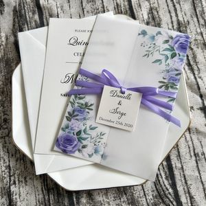 Gratulationskort 50x vellum bröllopinbjudan med lila rosblomma och tagg DIY personliga tryckkort för Quinceanera anos bjuder in 230317