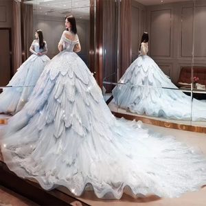 Abito da sera blu di lusso Fromal 2023 al largo della spalla perline di cristallo a strati abiti da ballo per donna nuovo stile celebrità Robe De Soiree