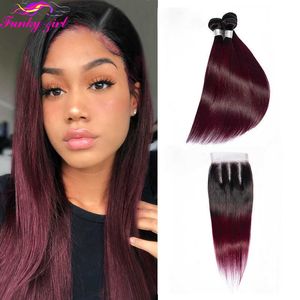 Synthetic Wigs Fg 1b 99j 4x4 Lace Closure Human Hair Bundles with Brazilian Weave Straight 3 230227
