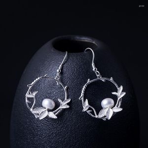 Studörhängen S925 Sterling Silver Simple Leaf Female Ethnic Style Elegant Arabesque Pearl Literary Jewelry