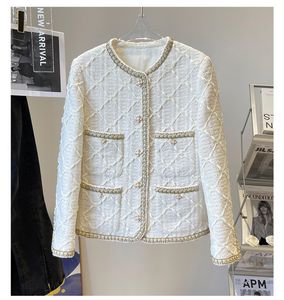 Spring Round Neck Tweed Panelled Jacket White Solid Color Long Sleeve Single-Breasted Buttons Jackets Coat Short Outwear 22G186107