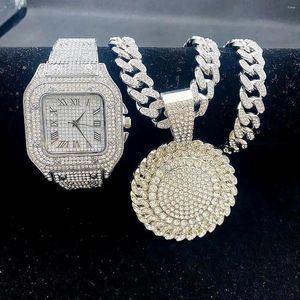 Wristwatches 2PCS Iced Out Watch Necklaces For Men Bling Cubana Link Chains Pendant Gold Diamond Jewelry Set Watches