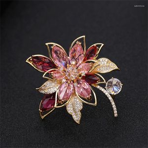 Brosches Luxury Zircon Rhinestone Flower Brosch Pin Vintage Red Yellow Crystal Orchid Pins and For Women Accessories smycken