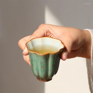 Cups Saucers Ceramic Green Glaze Kiln Change Petal Shape Small Teacup Chinese Tea Set Household Pottery Pigmented Water Mug