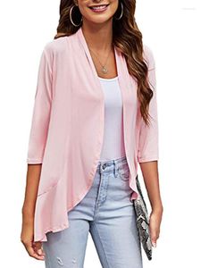 Women's T Shirts Women Three Quarter Sleeve Casual Solid Ruffle Cardigan Tops