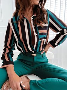 Kvinnors blusar Blus Kvinnor Casual Fashion Print Logn Sleeve Top Shirt Autumn Elegant Turn-Down Collar Button Tops Office
