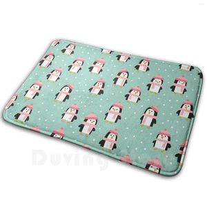 Carpets Cute Winter Penguins - Pink Hats Carpet Mat Rug Cushion Soft Non Slip Snow Blue Little Arrow