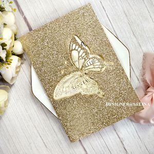 Greeting Cards 50pc Silver Butterfly Princess Invitation Card For Baby Birthday Party With Personalzied Printing DIY Glitter Laser Cut Invites 230317