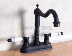 Bathroom Sink Faucets Black Oil Rubbed Bronze Deck Mount Two Hole Basin Double Handles Vessel Faucet Lnf152