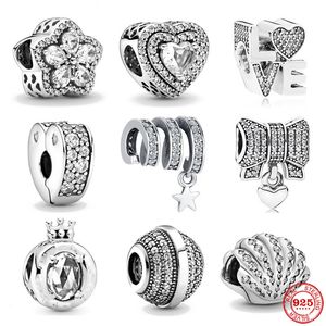 925 Gümüş Fit Pandora Orijinal Charms DIY Kolye Kadın Bilezikler Boncuklar Zirkon Kabuğu Parlayan Aşk Kalp Çiçeği