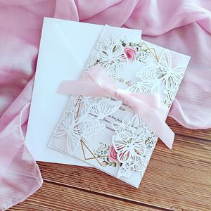 Greeting Cards 50pc White Shiny Butterfly Personalized Print Laser Cut Paper Wedding Invitation Card With Envelope DIY Sweet 15 Birthday Invite 230317