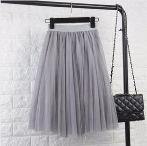 Skirts 2023 Fashion Layers Tulle Womens Black Gray White Adult Skirt Elastic High Waist Pleated Midi