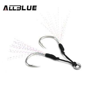 Ganchos de pesca allblue 4pairs/lote gabinete de gabarito de metal com linha de penas de penas de penas sólidas luminárias de água salgada de água salgada para 5-80g Lure P230317