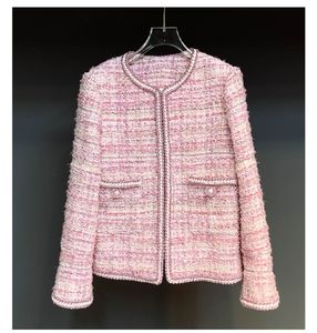 Spring Round Neck Tweed Panelled Jacket Pink Contrast Color Long Sleeve Classic Contrast Trim Pockets Woolen Jackets Coat Short Outwear 22G186371