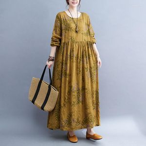 Casual Dresses Soft Cotton Linen Print Floral Loose Vintage Autumn Dress Office Lady Oudoor Work Women Spring Long Maxi