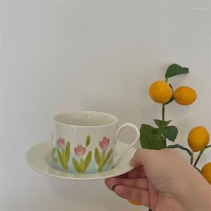 Koppar tefat vintage blommor keramisk kaffekopp tefat kök frukost dricka mjölk te set återanvändbar dekorativ bordsartiklar