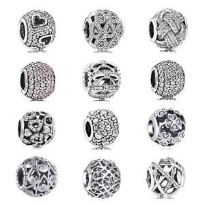 925 Silber für Pandora Original-Charms, DIY-Anhänger, Damen-Armbänder, Perlen, kreisförmiger, hohler, eingelegter Stein-Charm