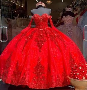 Красная органза сладкие 16 платья Quinceanera 2023 Sequined Applique Applique Beadearted Sweetheart Tule Liedered Ruffles Платье мексиканское день рождения BC15271 E0318