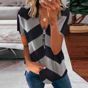 Camicette da donna Camicette estive a maniche corte Camicetta da donna con scollo a V con cerniera Casual Ladies Office Vintage Printed Street Pullover allentato da donna