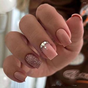 FALSE NAILS 24st Fashion Short Square French Glitter Crystal Full Cover Löstagbara nagelips
