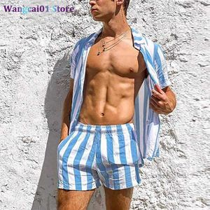 Wangcai01 Men's Tracksuits Men Hawaiian Sets Summer Stripe Printing Short Seve Button Shird Beach Shorts 2セットカジュアルホリデートリップメンズ2ピーススーツ0318H23