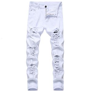 Mens Jeans Straight Hole Destruction Byxor Ejressade män denim modedesigner märke vita byxor manlig stor storlek 230317