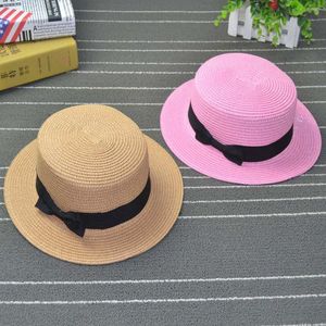 Chapéus largos de abrangência Sun Summer Sun for Women Beach Straw Hat Panames Ladies Bon Cap Handmade Casual Flat Bowkot