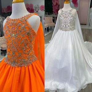 Emebellished AB Stoned Pageant Dress 2023 Chiffon Cape Ballgown Goddess Neck Little Kid Birthday Formal Party Gown Toddler Teens Preteen Sugar Orange White White White