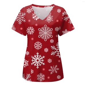 女性のTシャツトップ女性ヴィンテージの女性クリスマスプリント半袖ポケットvネックオーバーオールシャツトップタートルネック小柄