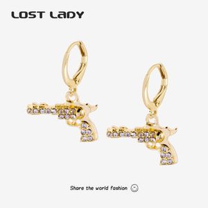 Hoop Earrings Lost Lady Fashion Punk Gun For Women Gold Color Exquisite Pistol Pendant Earring Rhinestone Jewelry Wholesale & Huggie