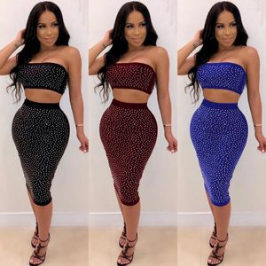Party Dresses Sexy Off Shoulder Corset Top Sparkles Diamonds Two Pieces Sets Night Club Summer Fashion Bodycon Cocktail Vestidos