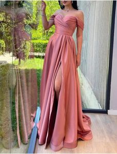 A-line Prom Dress 2023 Bean Pink Off Shoulder Satin Slit Evening Gala Party Gowns Robe De Soiree Customed