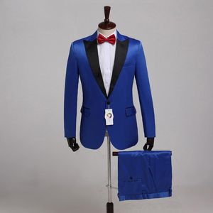 Мужские костюмы Blazers Royal Blue Satin Men Свадебный костюм для Man Blazer Jacket Брюки Черный Пик