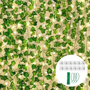 Decorative Flowers 12pcs Artificial Ivy Leaf Plants Vine Hanging Garland Fake Vines With LED Lights Home Kitchen Garden Wedding Wall Decor