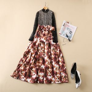 Spring Stand Neck Lace Panelled Leopard Dress Multicolor Print Long Sleeve Belted Long Dresses 22G262358D Plus Size XXL