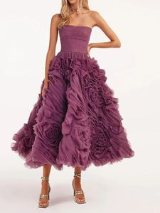 Grape A-line Formal Prom Dress 2024 Strapless Tulle Backless Tea Length Evening Gala Party Gowns Robe De Soiree Customed