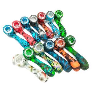 Cool Pattern Colorful Silicone Portable Style Pipes Herb Tobacco Oil Rigs Glass Multihole Filter Bowl Handpipes Smoking Cigarette Hand Holder Tube DHL