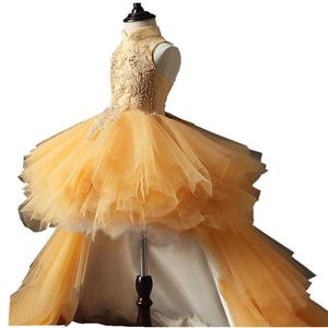 Vestidos da menina Glizt Long Trailing Gold Lace Primeira Comunhão Vestido Beads Tulle Ball Gown Girls Pageant Vestido Flower Girl Dress para casamentos