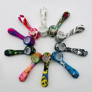 Latest Pretty Colorful Pattern Silicone Pipes Herb Tobacco Oil Rigs Glass Multihole Filter Spoon Bowl Handpipes Innovative Smoking Cigarette Hand Holder Tube DHL