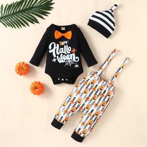 Zestawy odzieży Halloween Dzieci dzieci Letter Letter Letter Top Bodysuits Drukuj dyni kombinek kapelusz maluch ubrania niemowlęta