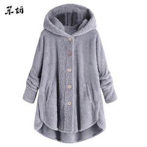 Giacche da donna Cappotti da donnaDonne Taglie forti Bottoni in peluche Top con cappuccio Cardigan allentato Cappotto di lana Giacca invernale Donna 2023 S-5XL