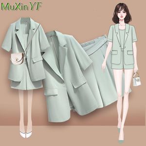 女性用トラックスーツ夏の小さなスーツショーツセット女性2023薄片韓国ファッションプラスサイズカジュアルパンツスリーピースの女性服