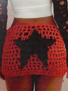 Saias Mulheres Hollow Out Mini saia Y2K Punk Gothic Grunge Low Caist Star Pattern Crochet Bikini