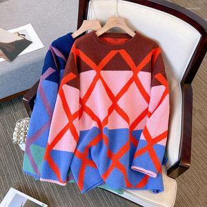 Kvinnors tröjor Blue Red Plaid Loose Korean Style Harajuku Spring Autumn Winter Sticked Vintage Pullover Fashion Women's 2023 Kvinna